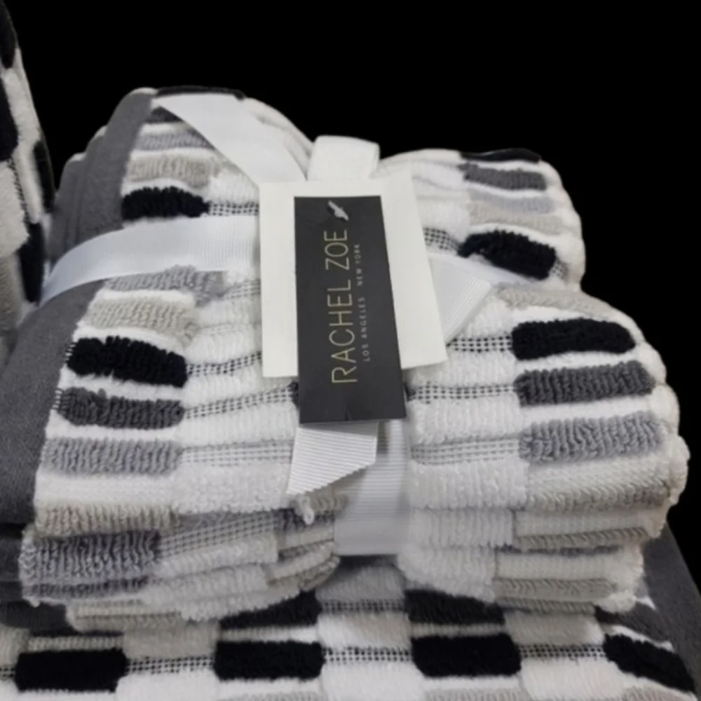 8pc Rachel Zoe Mosaic 100% Cotton Bath Hand Washcloth Towel Set Black Gray Ombre